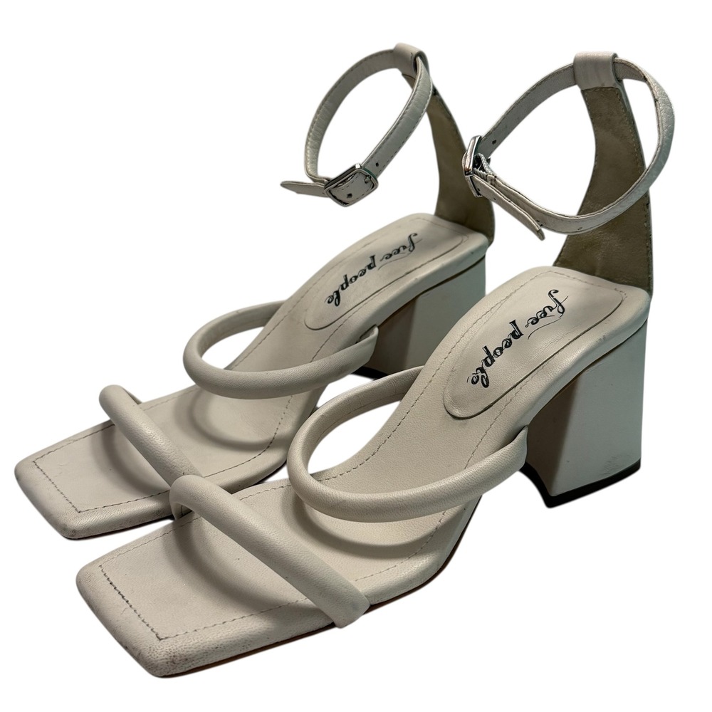 Free People Women‎ Cream Leather Ankle Strap Block Heel Square Toe Sandals Sz 36